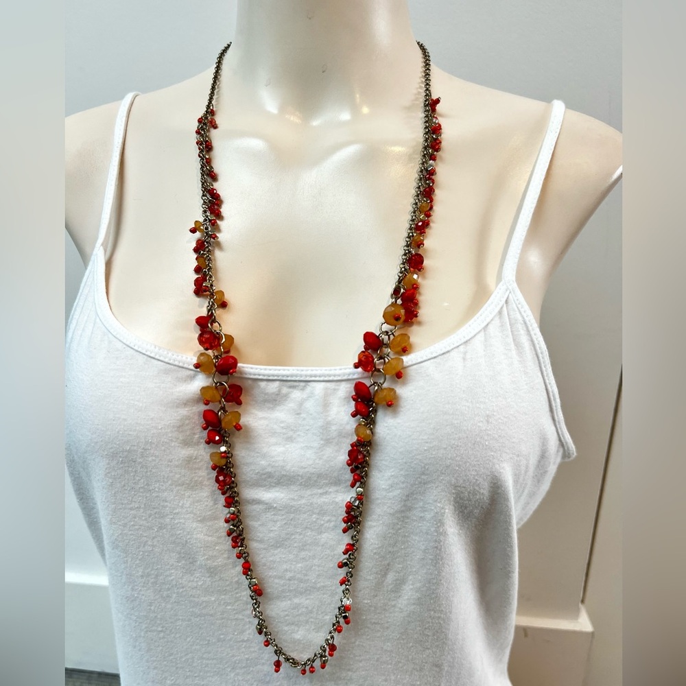 Long Red Coral Amber Bead Chain Necklace Jewelry - Picture 5 of 9